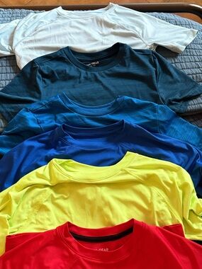 Bundle of Tek gear dry tek shirts- Blue, Neon Yellow, Red size small